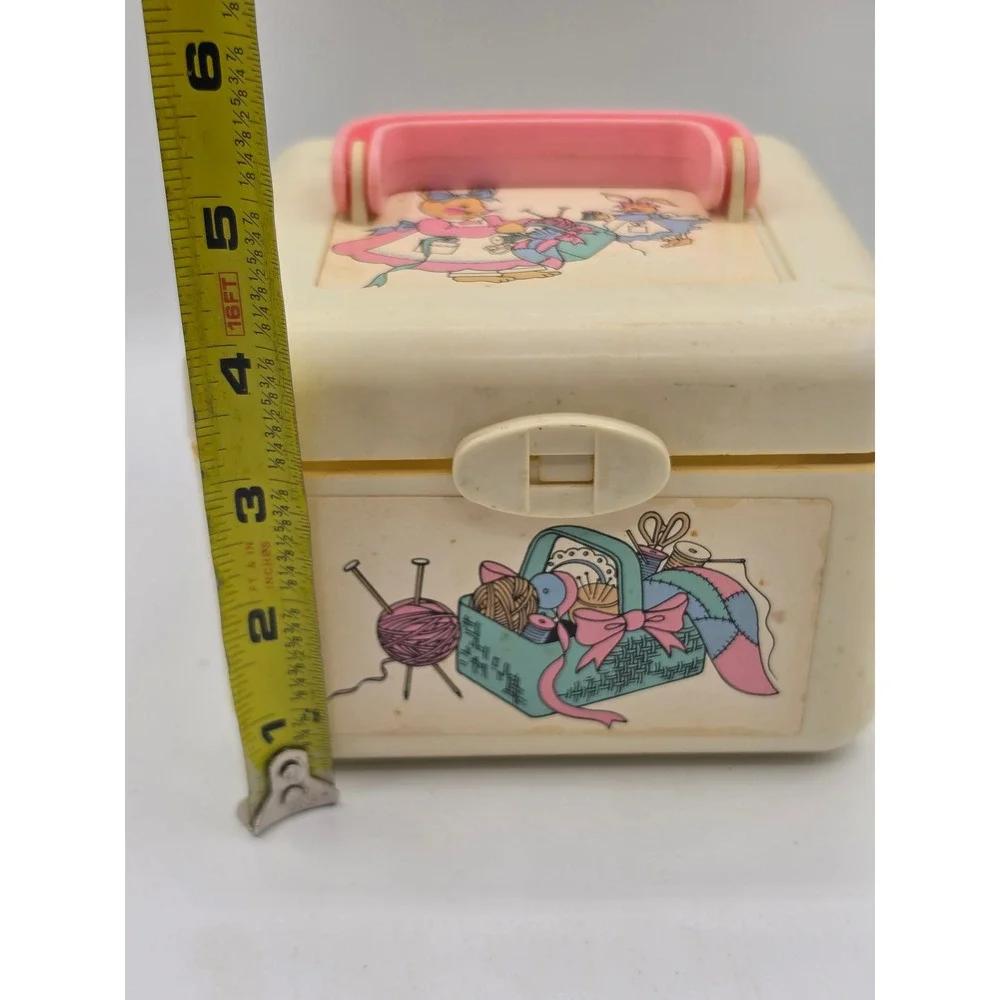 Vintage Sew-N-Play Bunny Rabbit Plastic Carry Case Pink Handle Craft Storage Box